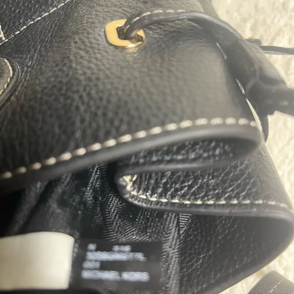 Michael Kors Black Leather Shoulder Bag with side drawstring gold tone hardwares